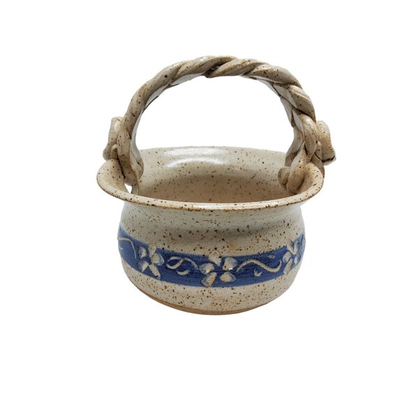 vintage 1991 handmade clay fired braided handle art pottery signed basket plante - Picture 6 of 12